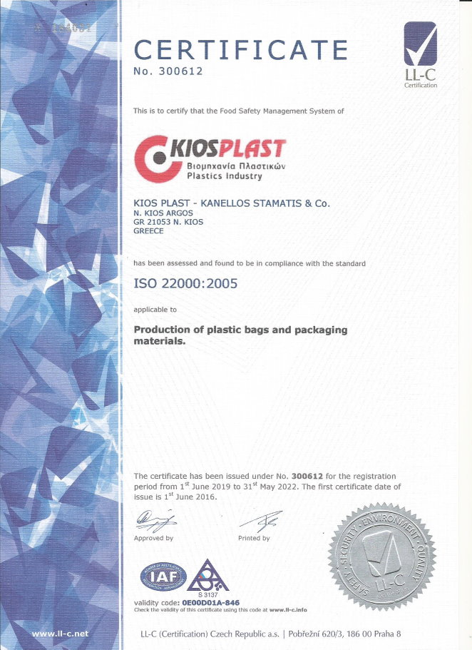 Kios Plast iso 22000 certificate
